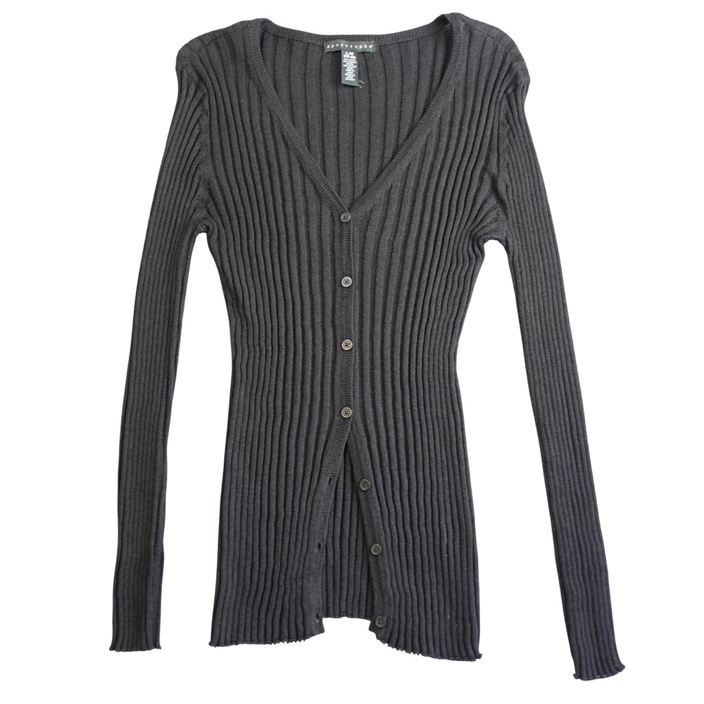 Vtg Y2K Cardigan Womens L Black Ribbed V-Neck Long Dark Academia 90s‎ Minimalist